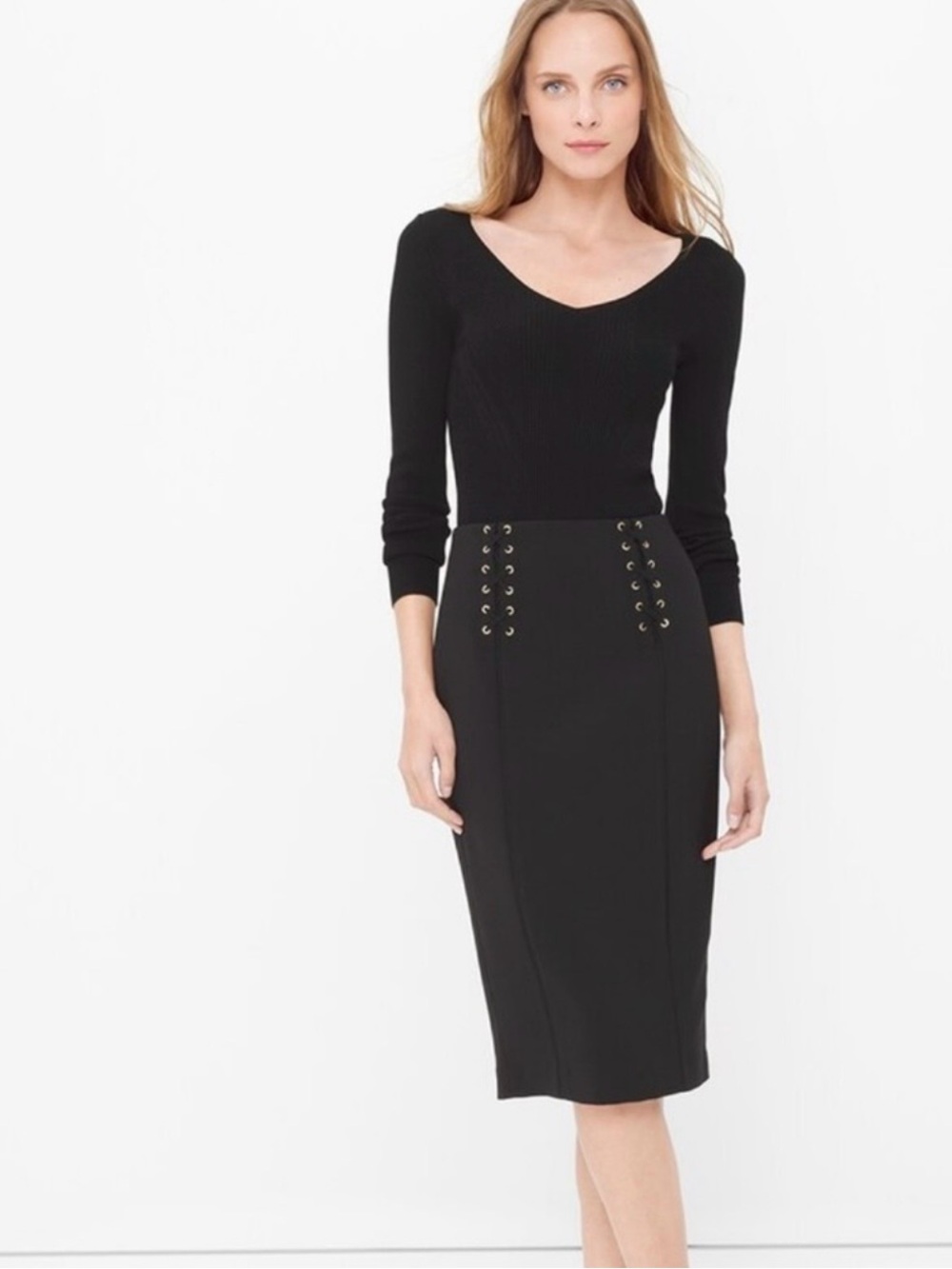 White House Black Market Black Lace-Up Pencil Skirt Size 8 - Picture 5 of 10